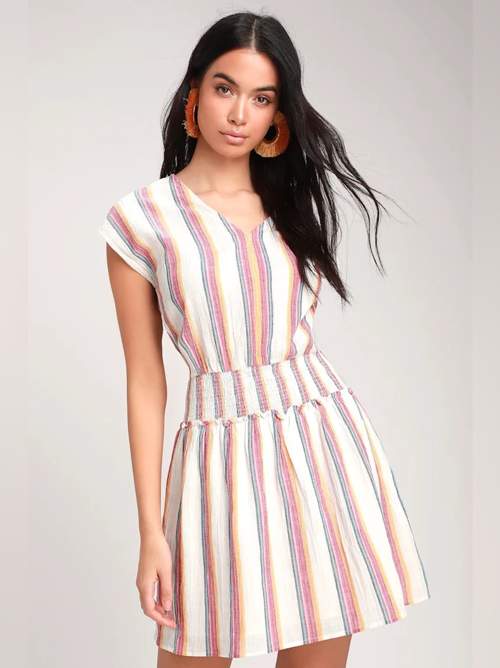 Lulu's Bungalow Multi-Striped V-Neck Smocked Waist Mini Gauzey Dress 💗NWT💗